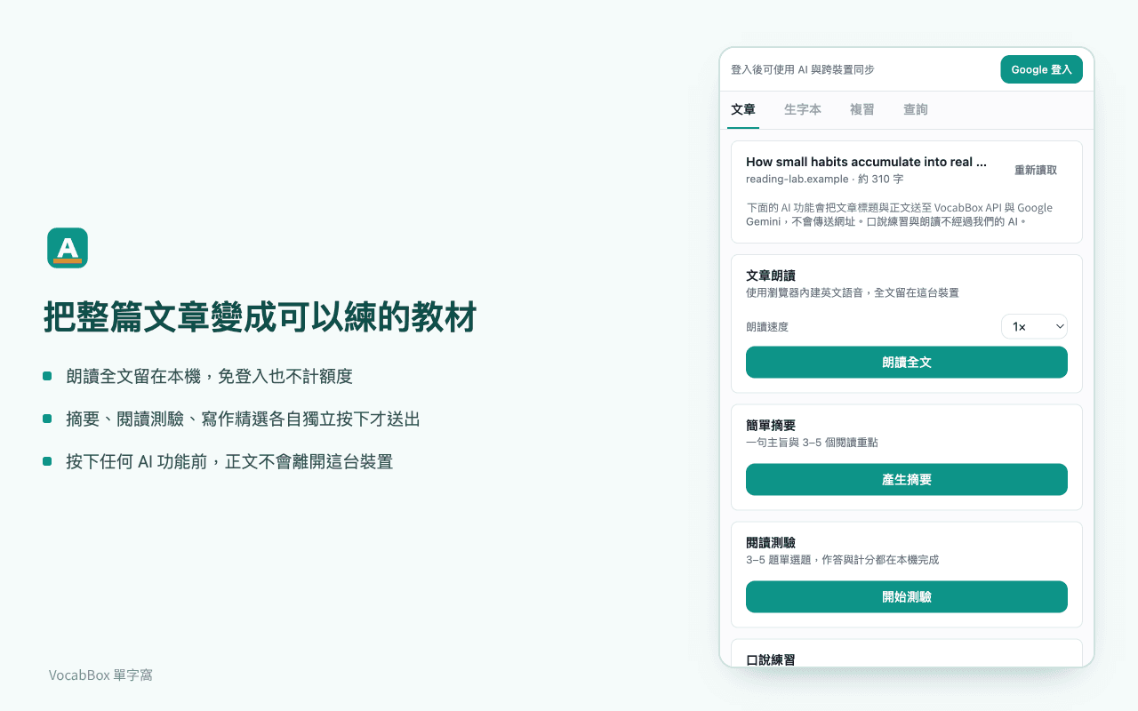 側邊欄的文章分頁,列出文章朗讀、簡單摘要、閱讀測驗、口說練習等工具
