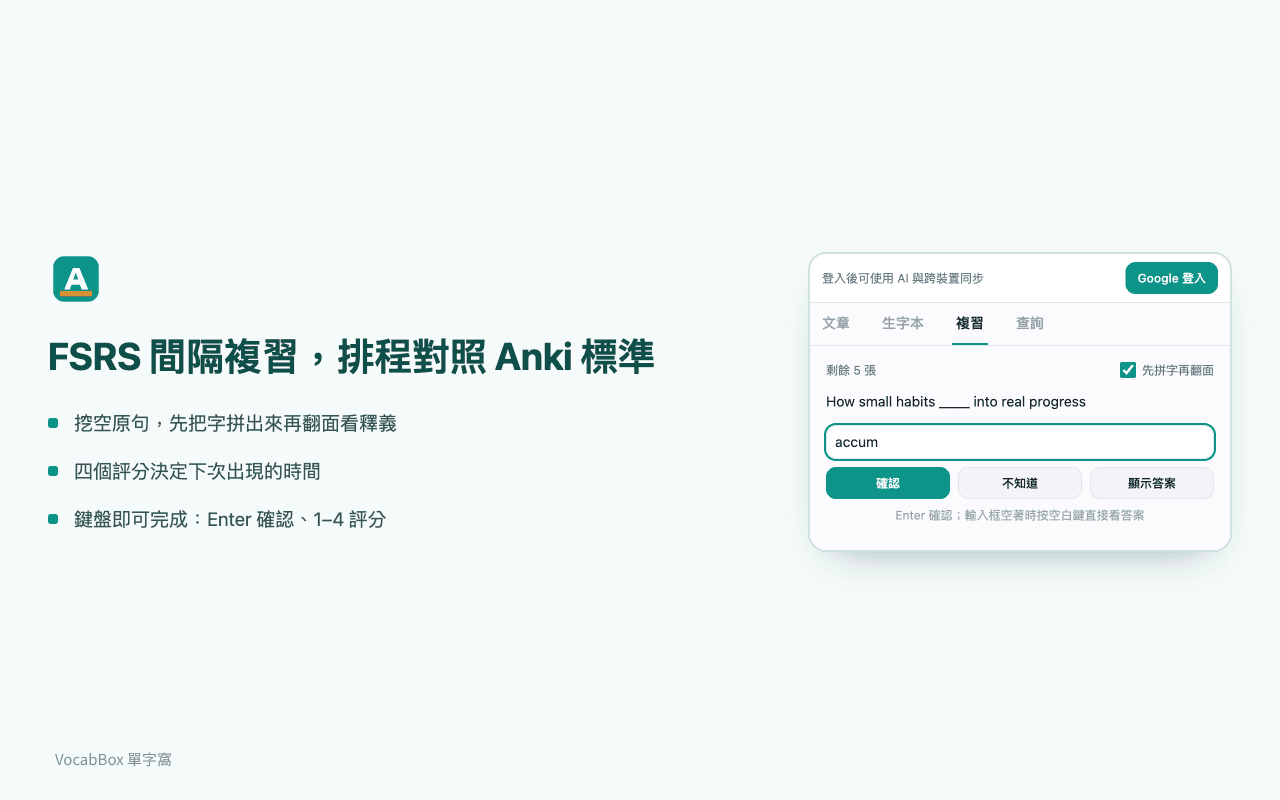 複習畫面,挖空原句與四個評分按鈕